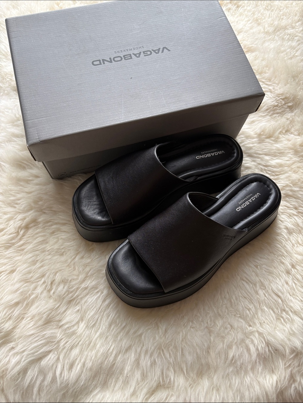 Vagabond Black Leather Platform Slide Sandals for Men